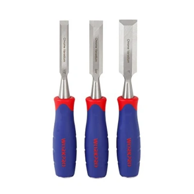 Image of WORKPRO Wood Chisel Set, 3 Pieces Carving Chisels 12 mm, 19 25 Cr V Bevel Edge with Steel Hammer End and Non Slip Handle for Woodworking, Sculpting