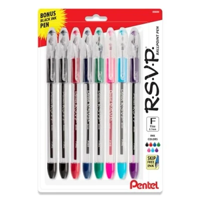 Image of Pentel RSVP Original Ballpoint Pen, (0.7mm) Fine Line, Assorted Ink Colors, Clear Barrel, 8 Pack with Bonus Black Pen