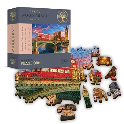 Image of Trefl 20155 500+1 Teile, Wood Craft, unregelmäßige Formen, 50 Figuren englischer Monumente Symbole, für Erwachsene und Kinder ab 12 Jahren Puzzle, Palace of Westminster, Big Ben, London