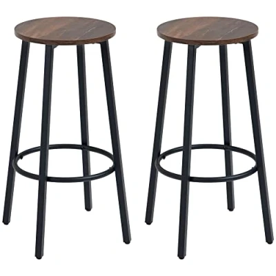 Image of HOMCOM Bar Stools, Set of 2 Kitchen Breakfast Stools with Sturdy Steel Frame, Industrial Tall Chairs, 65cm High Seat, Rustic Brown