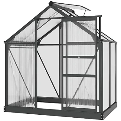 Image of Outsunny 6 x 4ft Polycarbonate Greenhouse, Large Walk In Green House with Slide Door and Window, Garden Plants Grow Aluminium Frame Foundation, Grey