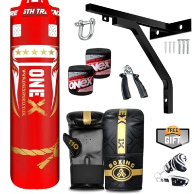Image of ONEX Heavy Filled 11 Piece 4ft Boxing Punch Bag Set Gloves Bracket MMA Pad Punching Kick (Red, 4ft)