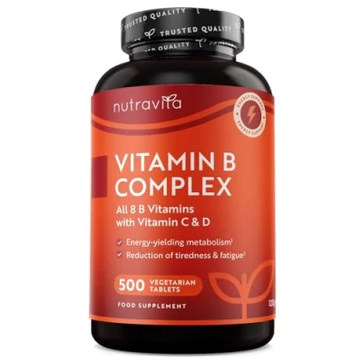 Image of Vitamin B Complex High Strength with D + C 500 Tablets for +1 Year of Supply, Energy Yielding Metabolism Reduction Tiredness &amp; Fatigue (EFSA) Made in The UK by Nutravita