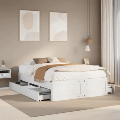 Image of vidaXL Solid Pine Wood Bed Frame with Drawers Double Size 140x200 cm White Assembly Required