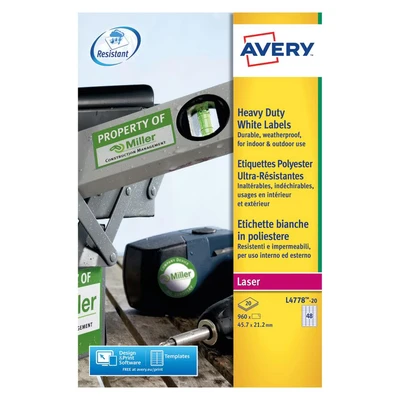 Image of Avery L4778 20 960x Ultra Resistant Labels 45.7 x 21.2 mm White for Laser Printers
