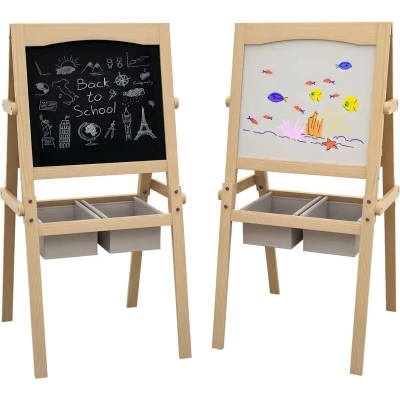 Image of AIYAPLAY Kids Easel with Paper Roll, 3 in 1 Art for Toddlers, Double Sided Whiteboard Blackboard Storage Baskets Ages 6 Years Natural Wood Finish