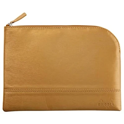 Image of RHODIA 116617C Faux Leather Zipped Pouch Gold Size M (16x22 cm) Real Stitching Orange Fabric Interior Storage of Documents, Small Supplies