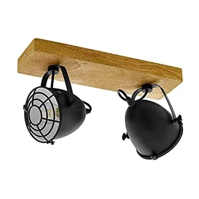 Image of Eglo Ceiling lamp Gatebeck, 2 Light Vintage, Industrial, Retro, Spotlight Made of Steel in Black and Wood Natural Colour, Living Room lamp, Kitchen with E14 Socket