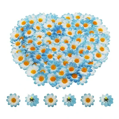 Image of Artificial Daisy Flower Heads 100pcs Fake Gerbera Petals White &amp; Blue for DIY Garland Craft Birthday Indoor Outdoor Party Easter Bonnet