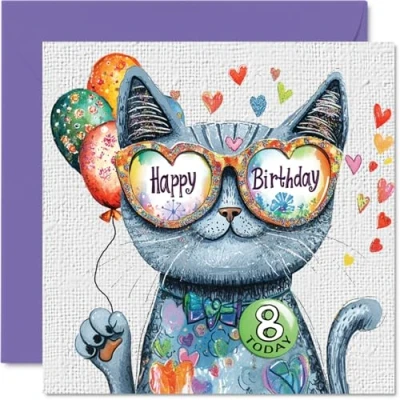 Image of 8th Birthday Card Girl Purrfect Cat Balloons for 8 Year Old Girl, Age Girls Cards Eighth Card, 145mm x Cats Greeting
