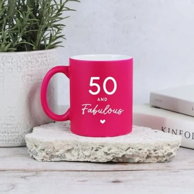 Image of eBuyGB Neon Pink Mug, 50 &amp; Fabulous Ceramic Coffee Cup, Milestone Birthday, 50th Birthday Gift for Her, Mum, Auntie, Friend, Wife