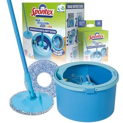Image of Spontex Aqua Revolution System X&#039;tra Floor Mop and Bucket Set with Free Refill Separates Clean &amp; Dirty Water Cleans Laminate, Wood Tile Flooring Flat Spin Microfibre Head Refills