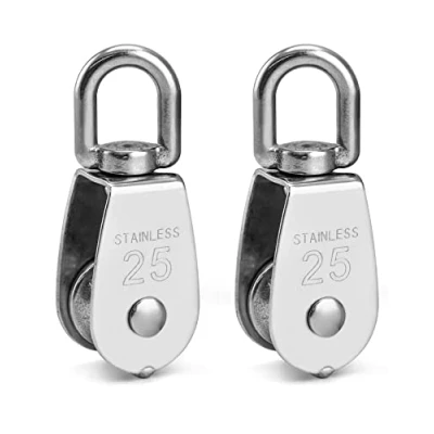Image of QWORK® 2PCS M25 Singe Pulley Block 304 Stainless Steel Wheel Roller for Wire Diameter 11mm 360 Swivel Loading 150kg/330lbs Indoor Outdoor Application