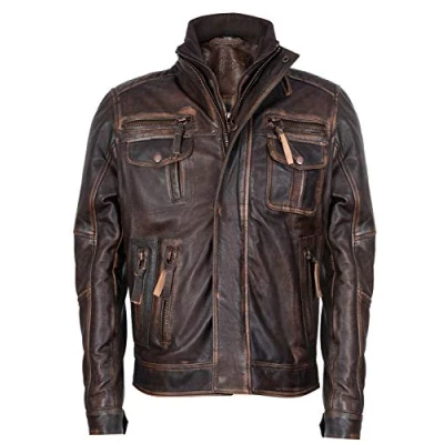 Image of Men&#039;s Brown Warm Vintage Brando Leather Biker Jacket 5XL