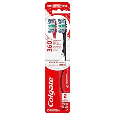 Image of Colgate 360 Optic White Advanced Whitening Toothbrush, Adult Medium Toothbrush with Cups, Helps Whiten Teeth and Removes Odor Causing Bacteria, 2 Pack
