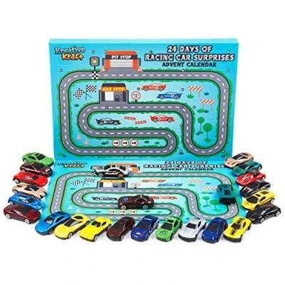 Image of KreativeKraft Advent Calendar 2024 with 24 Diecast Mini Racing Cars or Construction Trucks (Racing Cars)