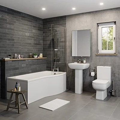 Image of P Shaped Shower Bath Right Hand Bathtub with Glass Screen Towel Rail Side Panel Single Ended 1700 x 900mm
