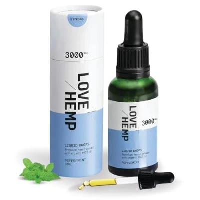 Image of Love Hemp CBD Oil Drops 30ml, 3000mg / Very High Strength, Peppermint Flavour Oral Liquid Drops, Premium with MCT Coconut Oil, Vegan &amp; Gluten Free