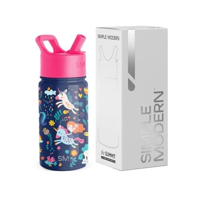 Image of Simple Modern Kids Water Bottle with Straw Insulated Stainless Steel Reusable Tumbler for Toddlers, Girls, Boys Summit Collection 415ml Unicorn Rainbows