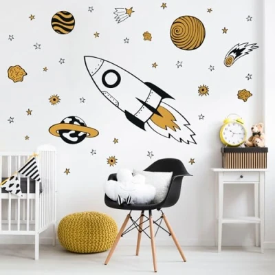Image of Stickerscape Rocket Wall Stickers (Orange Rocket) Planet Decals, Space for Walls, Decor Easy to Apply, Cleanly Removable