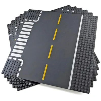 Image of APOSTROPHE Games Road Baseplate Premium Building Blocks Base Plates Compatible with All Major Brands 6pcs Gray Design Straight, Curve, Crossroad, T Junction