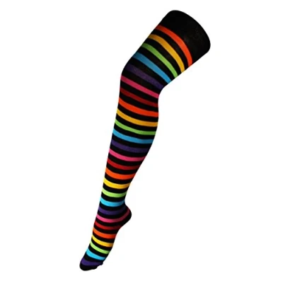 Image of Itzu Womens Over The Knee Thigh High Rainbow Striped Multi Colour Long Socks Pantyhose (UK 4 7) in Black
