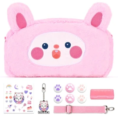 Image of Switch Case for NS Switch, innoAura 11 in 1 Accessories Bundles with Carrying Case, Game Thumb Caps, Detachable Shoulder Strap, Cute Pendent (Pink Rabbit)