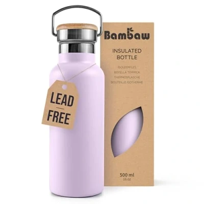 Image of Bambaw Insulated Water Bottle 500ml, Purple Bottle, Stainless Steel Leakproof Cold Camping Metal Lavander Haze