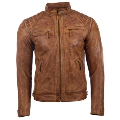 Image of Aviatrix Men&#039;s Real Leather Crosshatch Shoulder Detail Fashion Jacket (44T9) 5XL