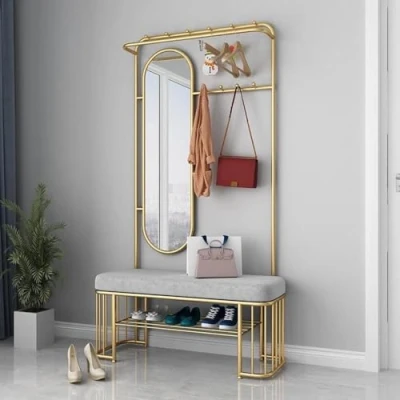 Image of Hall Tree with Removable Hooks and Shoe Stand, Industrial Coat Rack Stand Bench, Free Standing Tree,With mirror ，Entryway Storage Shelf, for Living Room,Hallway