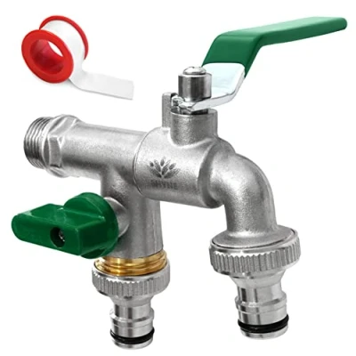Image of SHYNE Premium 3/4&#039;&#039; Inch Brass Double Water Tap Rust and Frost Resistant + 2X Hose Connectors E Book for Garden, Washing Machine, Rain Barrel
