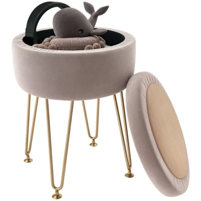 Image of HOMCOM 5L Velvet Storage Ottoman, Modern Round Footstool with Metal Hairpin Legs and Removable Lid for Hallway, Bedroom, Living Room, Hot Pink