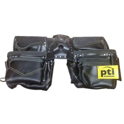 Image of PTI Leather Apron Tool Belt, Heavy Duty Pouch with 13 Multi Pockets, Professional Work for Electricians, Carpenters, Adjustable Waist Storage Organiser, Hammer Loop