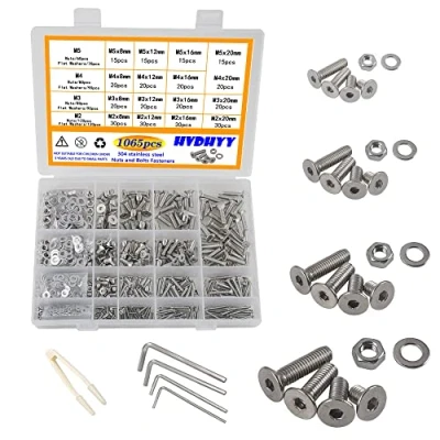Image of HVDHYY 1065pcs M2 M3 M4 M5 Bolt and Nut set Machine Phillips Pan Head Screws &amp; Nuts Washers Assortment kit 304 Stainless Steel Button with a Reusable Storage Box (4 Hex Wrenches)