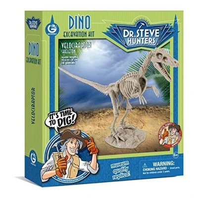 Image of Dr Steve Hunters 91031 Dino Dig Excavation Kit Velociraptor 14 Pieces Uncle Milton Scientific Educational Toy, Multicolour