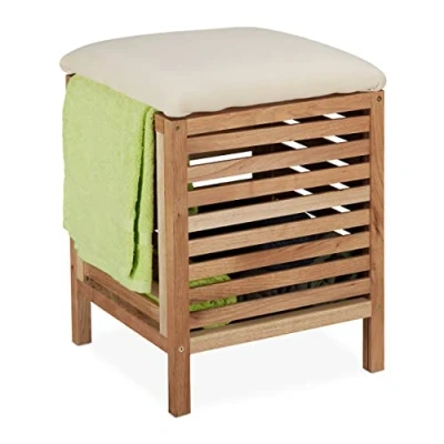 Image of Relaxdays Storage Stool, Walnut &amp; Fabric, 35 l Laundry Basket with Seat, Towels Blankets, HxWxD: 51x39x39 cm, Natural