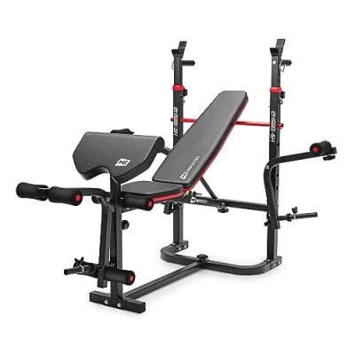 Image of Hop Sport folding weight bench HS 1065 with barbell rack, curl desk and butterfly adjustable training for press
