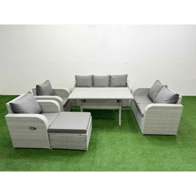 Image of Pe Rattan Garden Furniture Set Reclining Chair Sofa Double Love Seat 2 Seater Lounge Rectangular Dining Table Big Footstool Light Grey