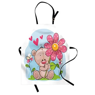 Image of ABAKUHAUS Funny Bear Apron, Cartoon Teddy Flowers, Unisex Kitchen Bib Apron with Adjustable Neck for Cooking Baking Gardening, Multicolor