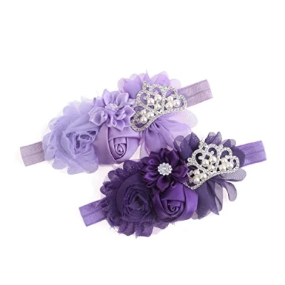 Image of Nishine Baby Christening Headband Toddler Girls Fabric Flower Tiara Stretchy Elastic in Pairs (Child, Purple/Lilac)