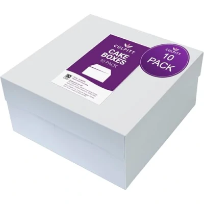 Image of Culpitt 10&quot; White Cake Box With Glued Lid, 10 Pack, 254 X 152mm, Rigid Transport And Protection For Birthday Celebration Bakes, Boxes