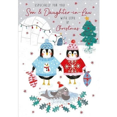 Image of Nigel Quiney Son &amp; Daughter in Law Christmas Card Festive Penguin Couple and Igloo with Foil Finish Eco Friendly Recyclable