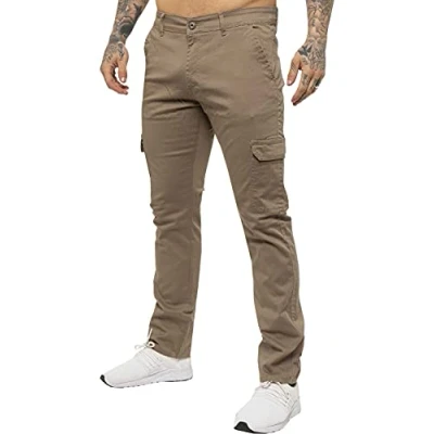 Image of Ze ENZO Jeans Mens Cargo Combat Trousers Chinos Slim Fit Cotton Stretch Work Pants Beige 34R