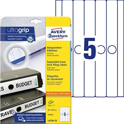 Image of Avery Zweckform L4756 25 Folder Labels Suspension File Long Narrow e.g. Leitz Elba Falken 34 x 297 mm Sheets