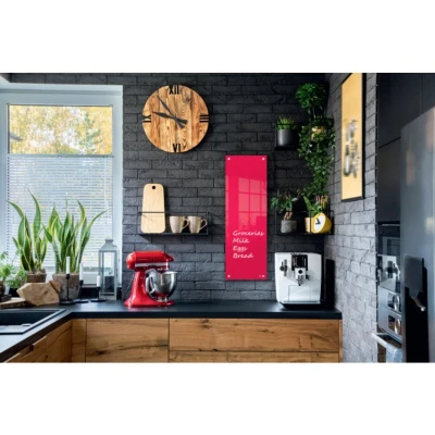 Image of Nobo Small Glass Whiteboard Panel, Dry Erase Surface, Frameless, Corner Wall Mounting, Home/Office, 300 x 900 mm, Includes Marker Pen, Red, 1915606