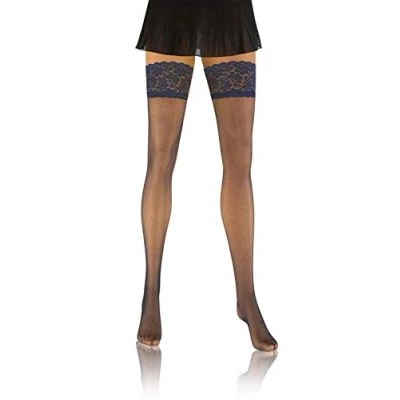 Image of Sesto Senso Hold Ups Fishnet Stockings Sexy Thigh High Lace Top 3/4 M L Dark Blue