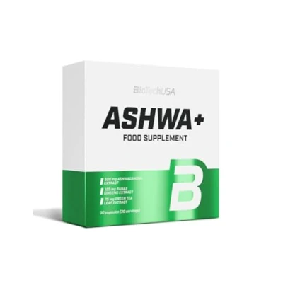 Image of BioTechUSA Ashwa+, Ashwagandha Food Supplement Capsule with Green Tea and panax Ginseng extracts, 30 Capsules