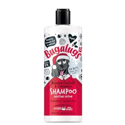 Image of Bugalugs Dog Shampoo Christmas Edition festively fragrant grooming products. &amp; puppy shampoo, vegan, pH balanced, made in the UK (Roasted Chestnut Cinnamon 500ml)