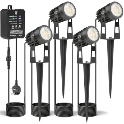 Image of HIBOITEC 4PCS Garden Lights Mains Powered with Transformer, 37.5FT Photocell Sensor Spotlight Dimmable 4000K Waterproof Outdoor Lights，Timer for House Yard Trees Plants