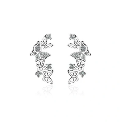 Image of Butterfly Sterling Silver CZ Cuff Wrap Studs Earrings for Women Girls Pierced Ear Plated Fashion Cubic Zirconia Crawler Climber Hypoallergenic